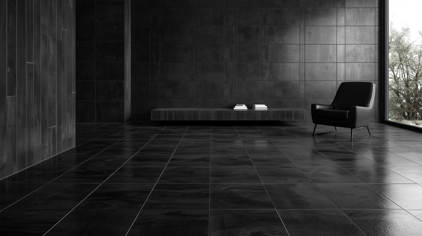 Minimalist interior with black tile walls and floors and modern leather chair
