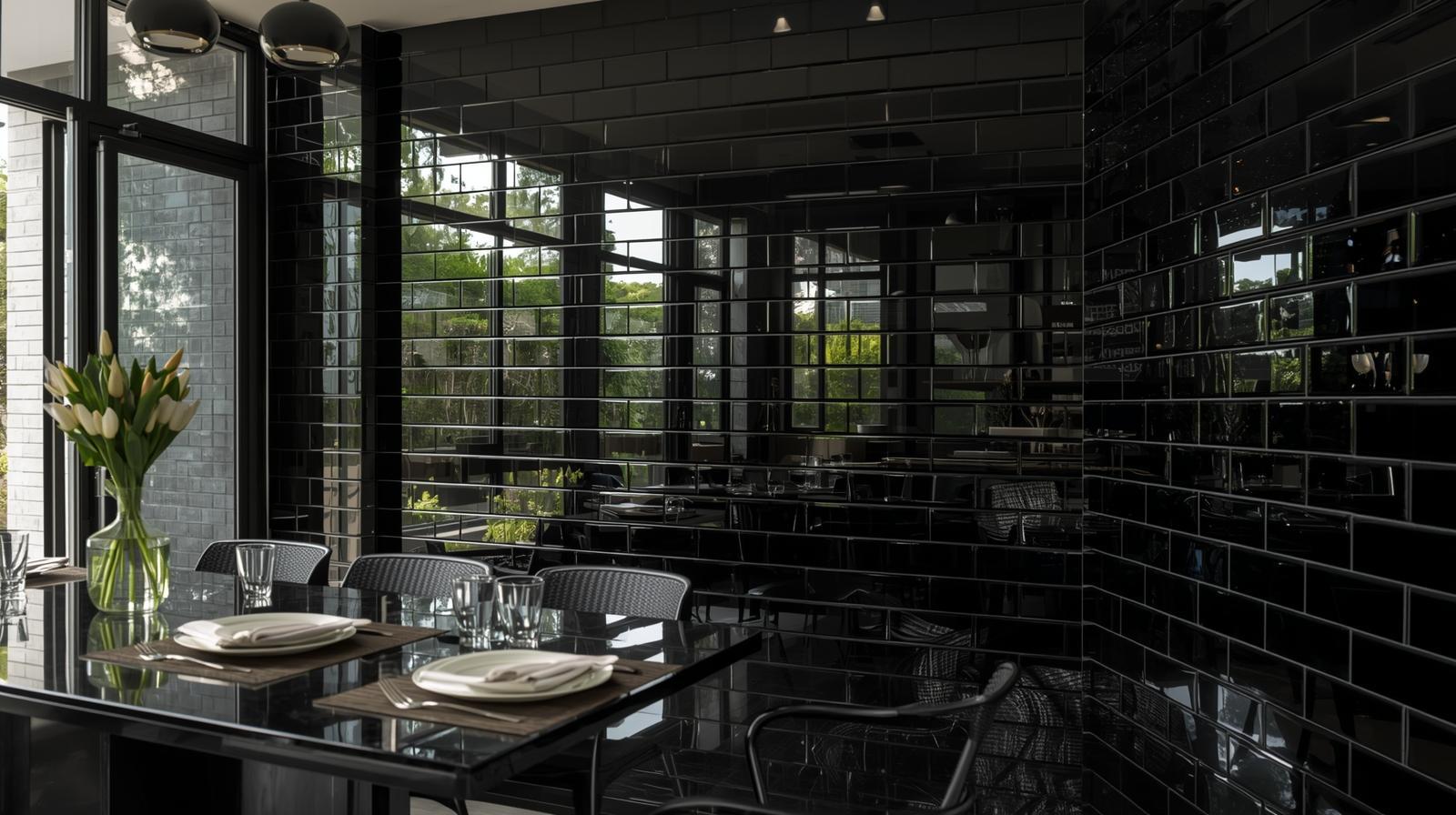 Modern kitchen with glossy black subway tile wall and dining table