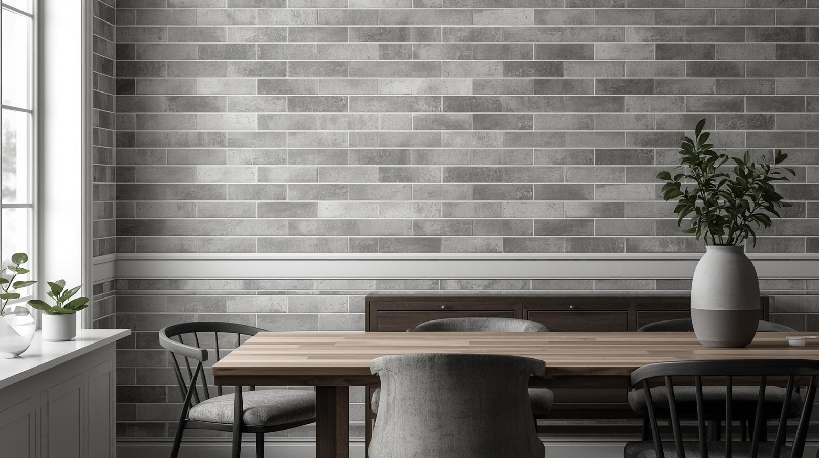 Gray subway tile wall in modern dining room