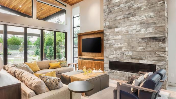 living room with subway tiles