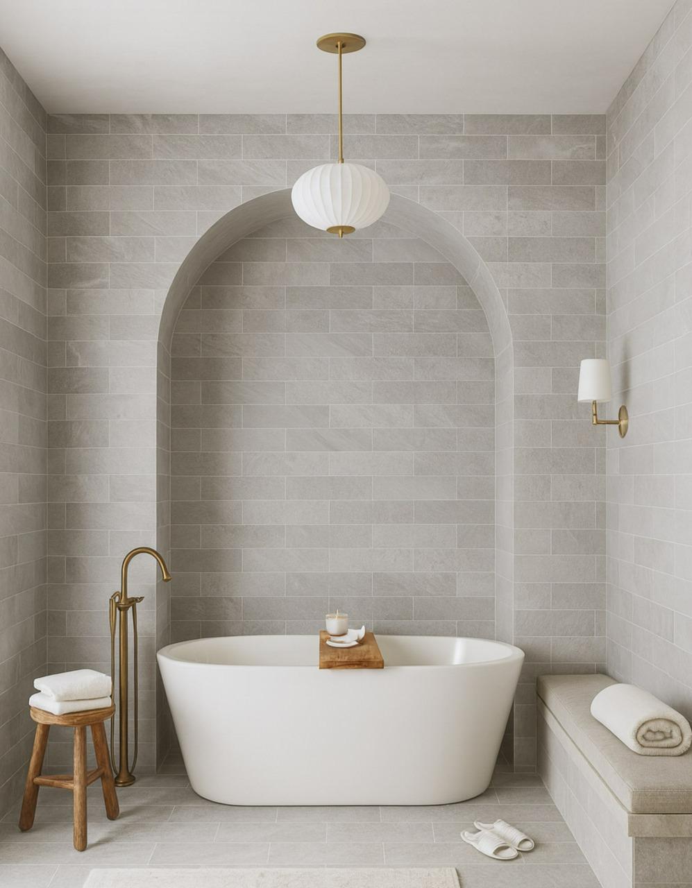 Light grey subway tile bathroom with freestanding tub and gold fixtures