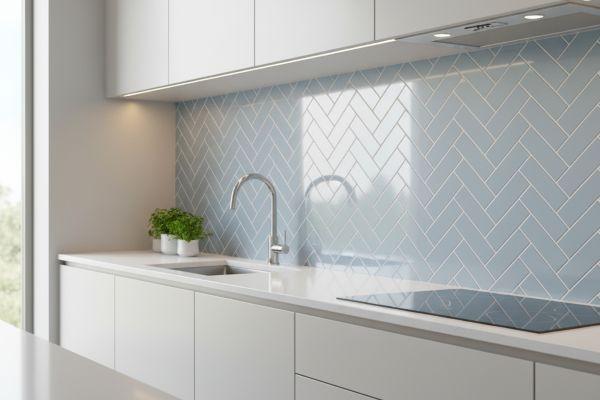 Blue herringbone subway tile kitchen backsplash with white cabinets
