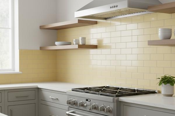 Butter yellow pastel subway tile kitchen backsplash with running bond pattern and grey cabinetry