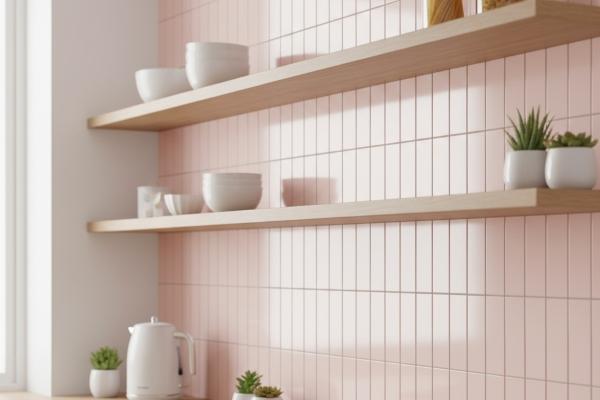 Blush pink pastel subway tiles in vertical layout behind open shelving with natural wood countertops