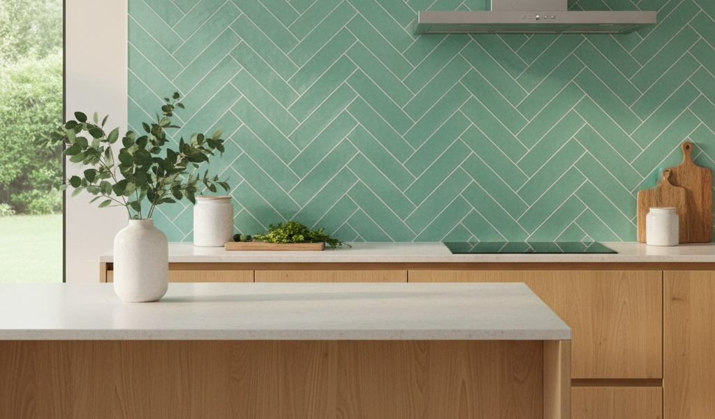 Sage green subway tiles in herringbone pattern kitchen backsplash
