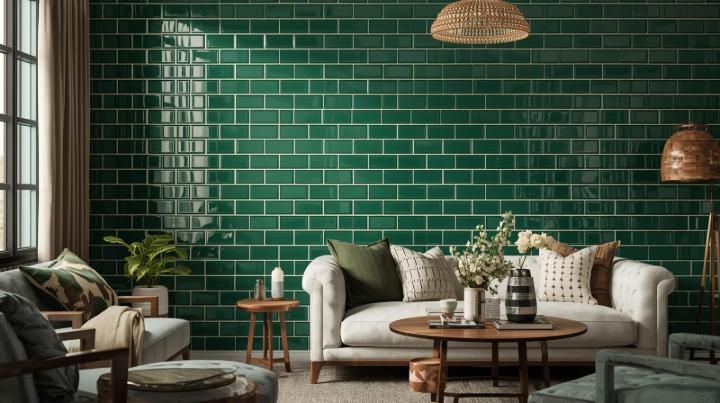 Forest green subway tiles in herringbone pattern bathroom shower with black grout