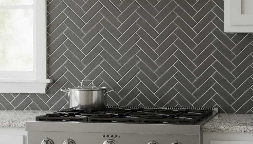 Charcoal grey subway tiles installed vertically behind white bathroom vanity