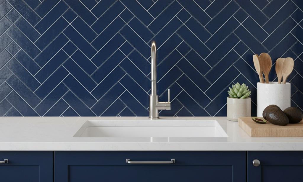 Navy blue subway tile kitchen backsplash with chevron pattern and white countertops