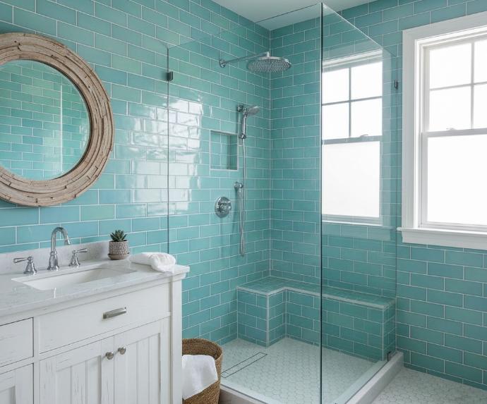 Blue green subway tiles backsplash in teal shade behind bathroom vanity