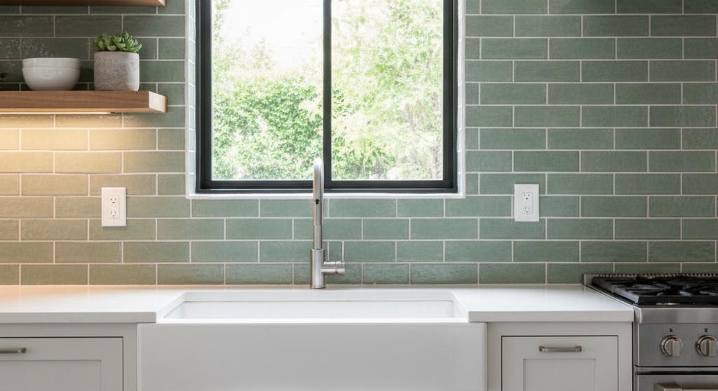 Emerald green subway tiles installed in kitchen backsplash