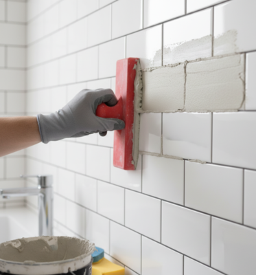 Grout application to white subway tiles.