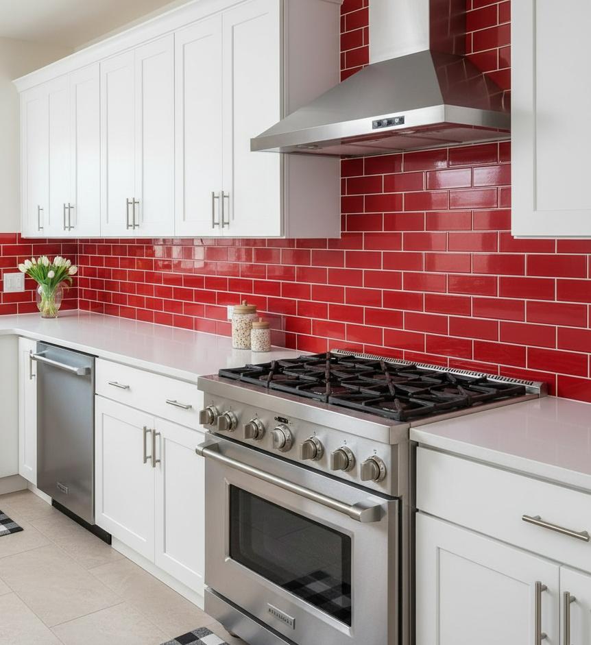Red subway tile kitchen backsplash with white cabinets