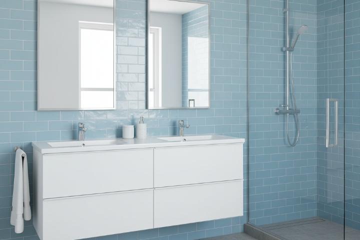 Light blue glossy subway tiles installed in modern bathroom with white fixtures and chrome hardware