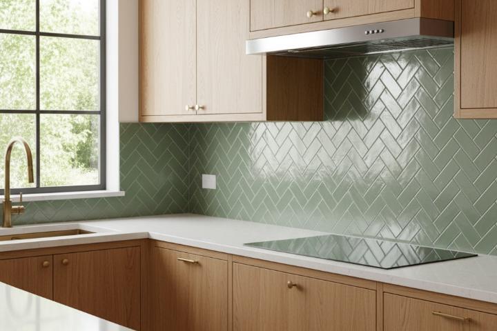 Sage green matte porcelain tiles in herringbone pattern kitchen backsplash with wood cabinets