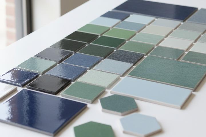Comparison of cool-toned tile samples in blues greens and grays showing finish variations
