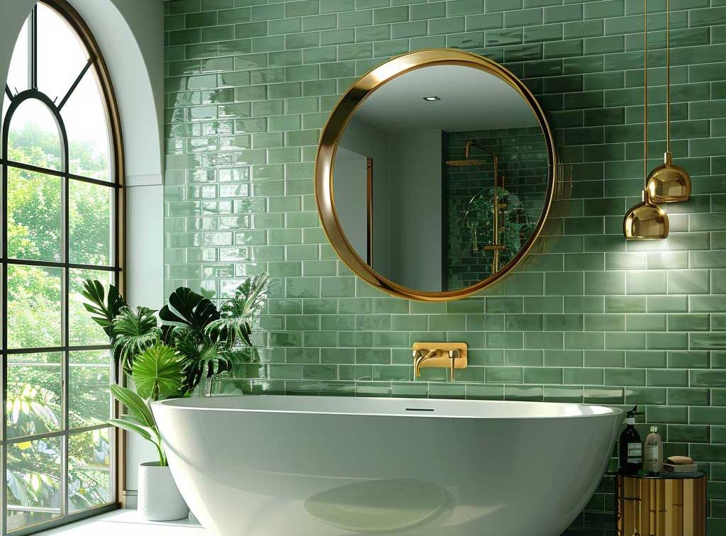 Luxurious bathroom featuring a wall of glossy seafoam green subway tiles, a freestanding white bathtub, a round brass-framed mirror, and large arched window overlooking nature.