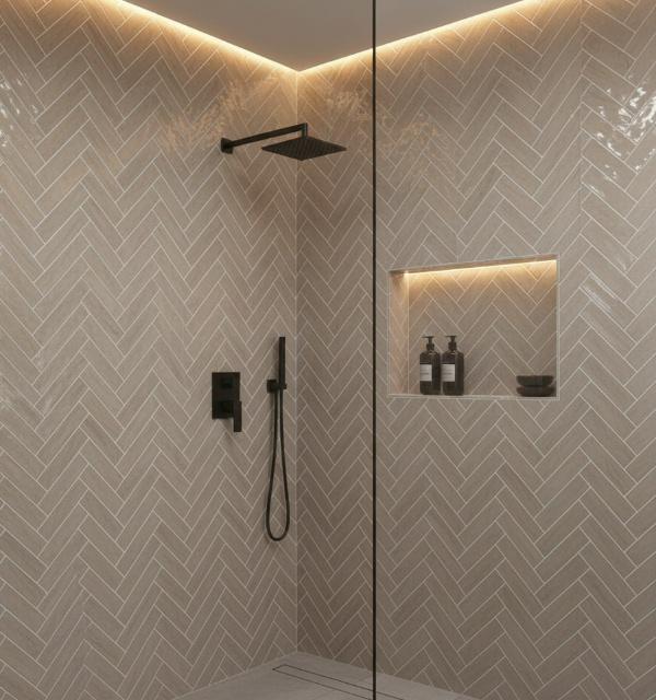 Beige subway tiles herringbone pattern bathroom shower