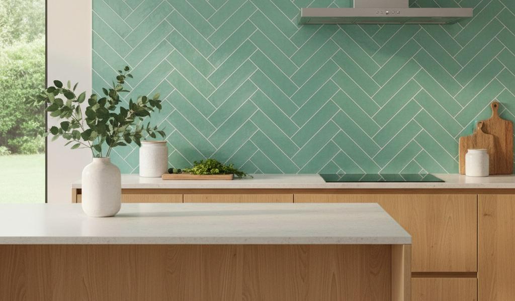 Green subway tiles herringbone kitchen backsplash