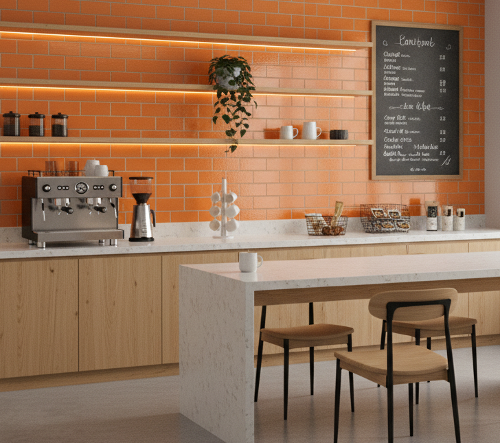 Orange subway tiles in modern kitchen backsplash
