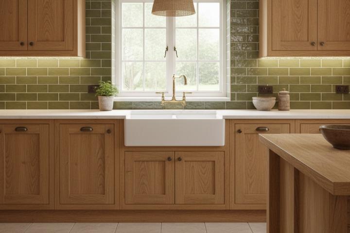 Olive green subway tiles in traditional running bond pattern complementing natural wood cabinetry