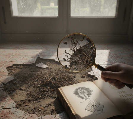 A close-up shot of a vintage book titled "The Filth Theory & Hygiene" open on a dirty, cracked tiled floor.