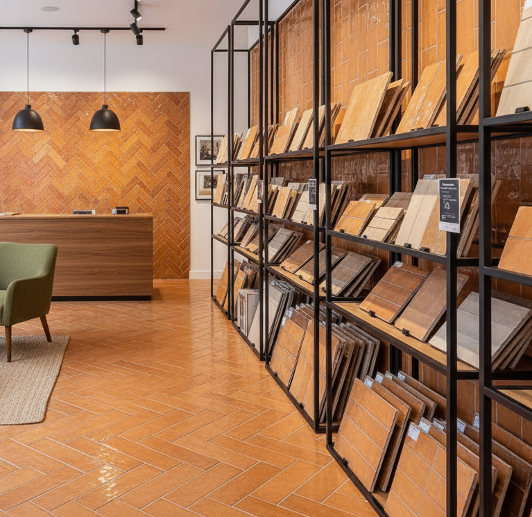 Tile showroom displaying subway tile samples in herringbone pattern