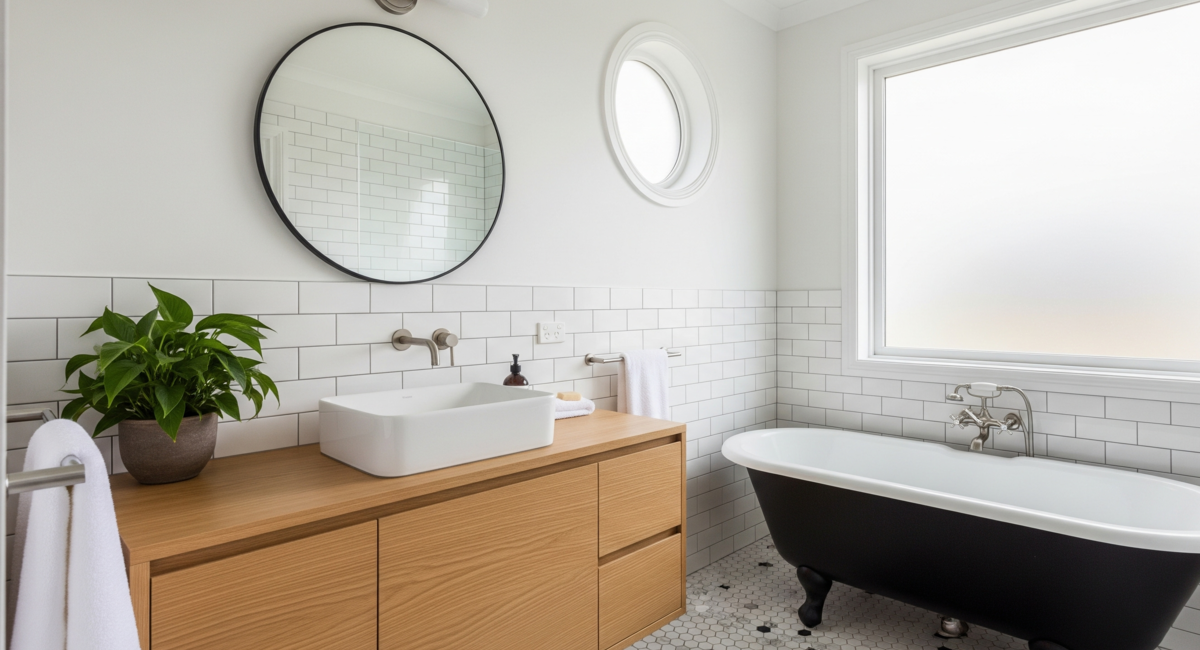 Bright bathroom with white subway tile walls, round black mirror, vessel sink on wood vanity, and black clawfoot bathtub