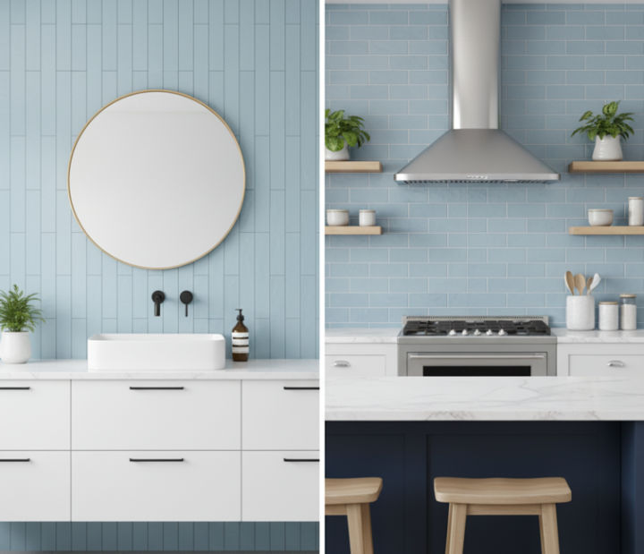 Side by side comparison of different surface finish for sky blue subway tiles