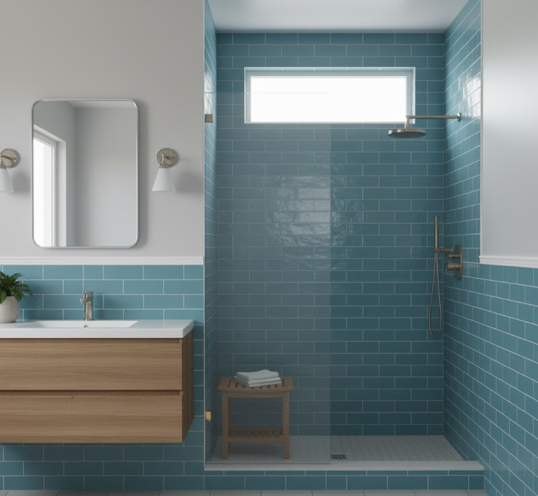 Teal subway tile bathroom with walk-in shower and floating vanity
