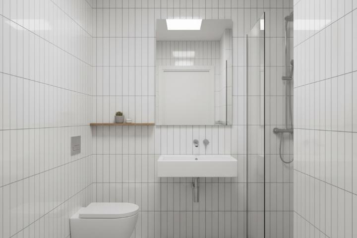 Vertical white subway tile installation in small bathroom from floor to ceiling