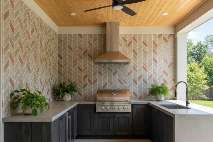 Chevron subway tile pattern on covered patio outdoor kitchen backsplash