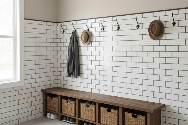 Dark grout with white subway tiles in mudroom wainscoting installation