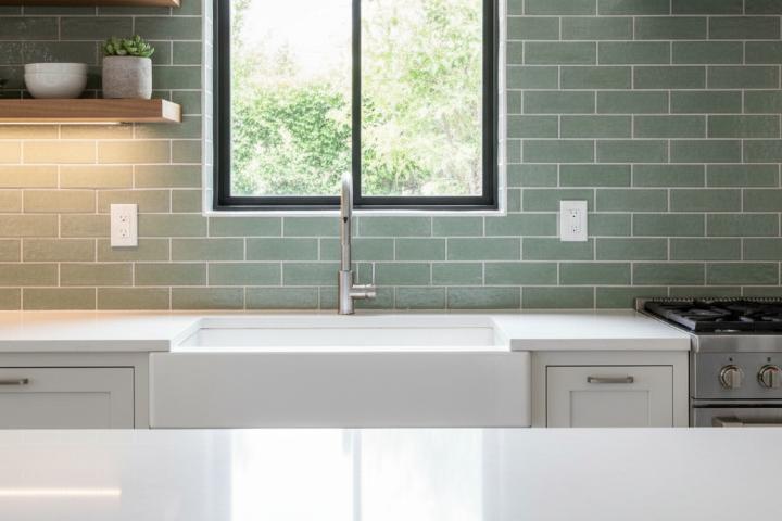 green kitchen subway tile backsplash