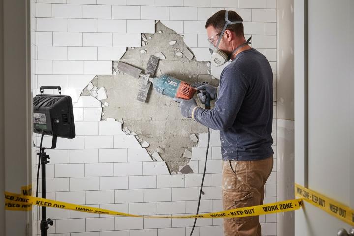 Running bond subway tile installation in progress