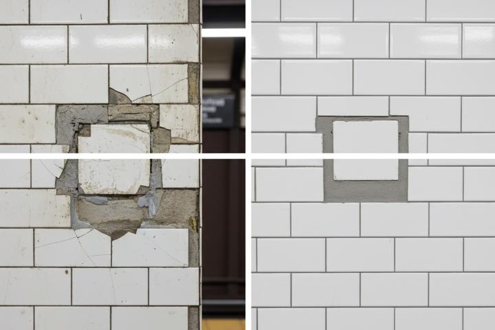 Before and after comparison of replaced subway tile showing seamless integration with existing installation