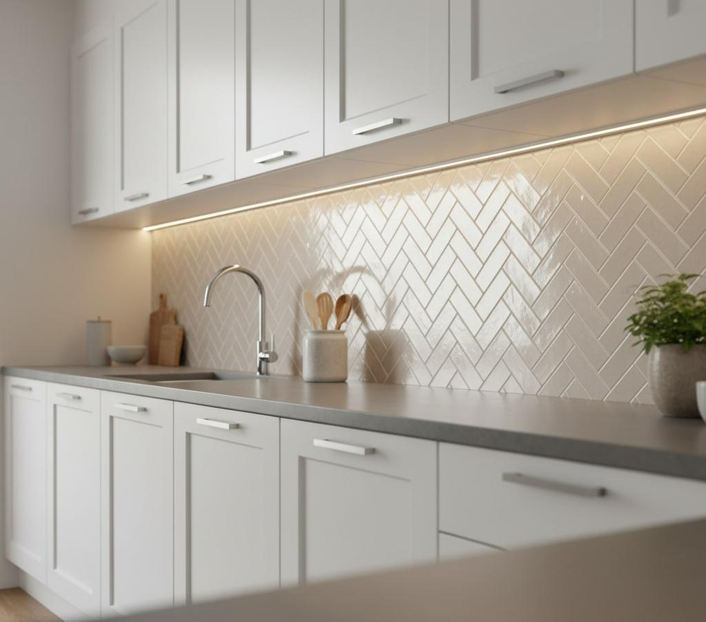 White kitchen with herringbone tile backsplash and under-cabinet lighting