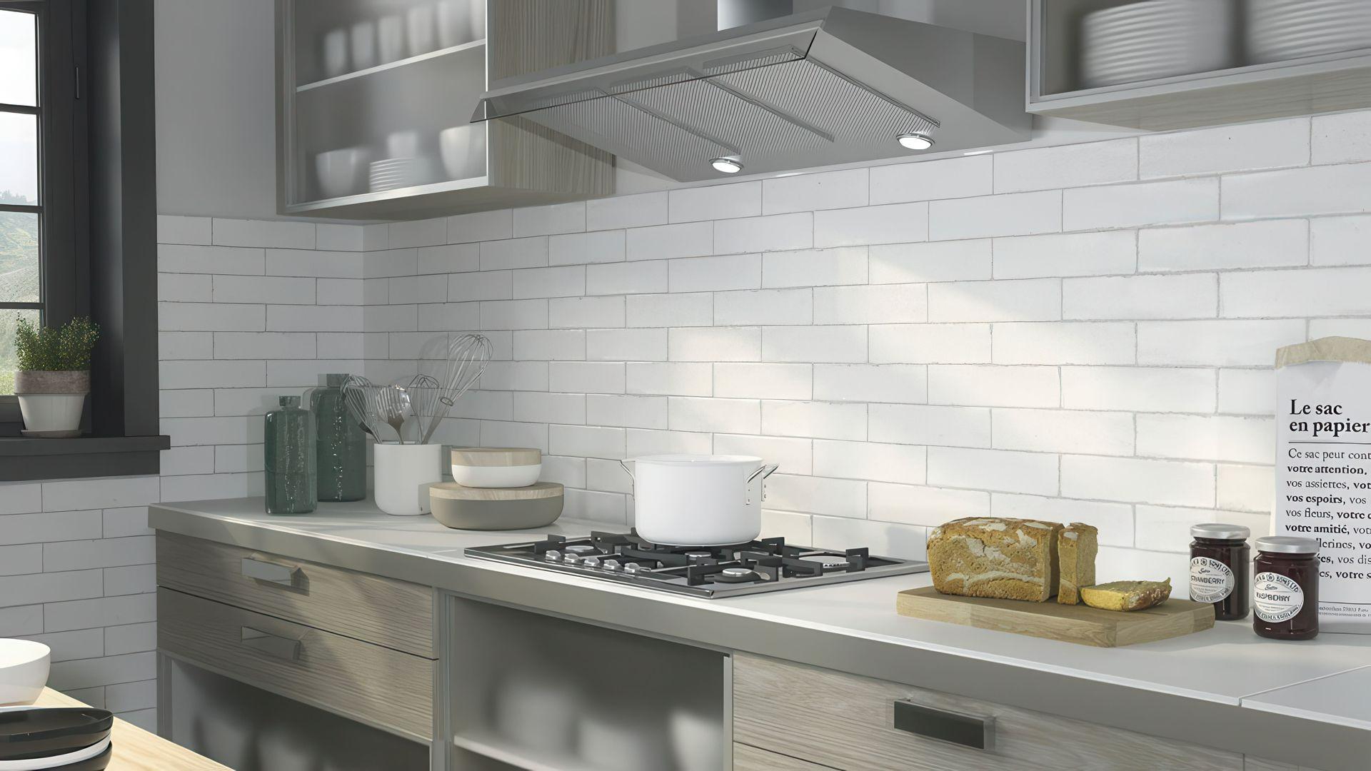 Modern kitchen with white subway tile backsplash, gray cabinets, and glass-front upper cabinets