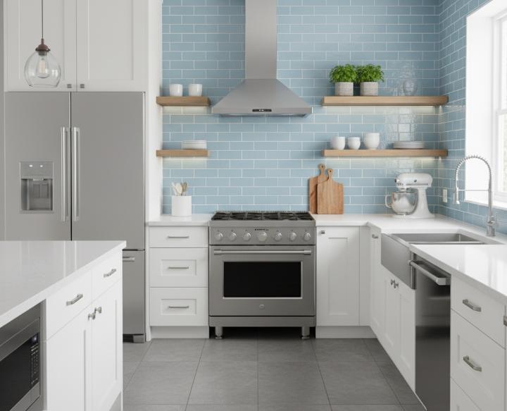 modern kitchen blue subway tiles