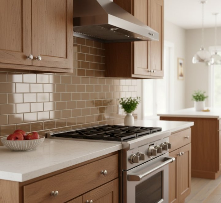 kitchen with 3x6 brown subway tiles
