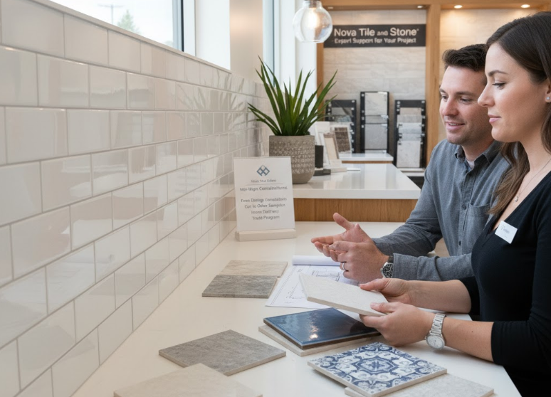 A professional design consultation where a client is shown different floor and wall tile options, including decorative ceramics and neutral stone squares, in a modern showroom setting.