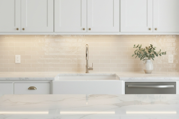 Neutral subway tile backsplash with white cabinets
