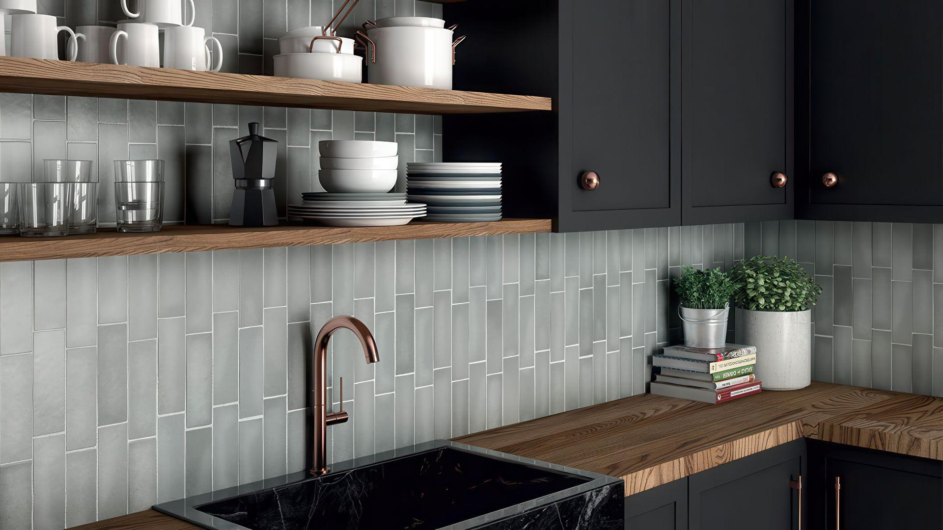 Vertical subway tile backsplash with open shelving in contemporary kitchen