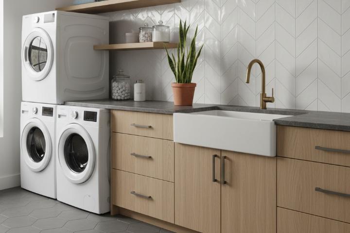 Textured subway tile with chevron pattern adding dimension to modern laundry space