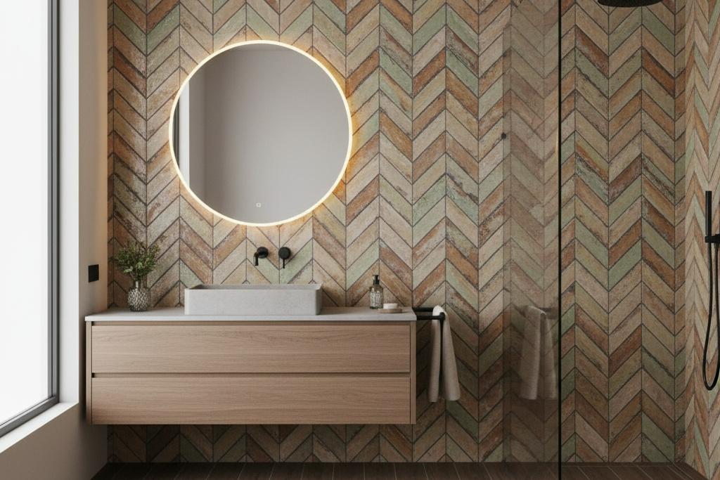 Herringbone wood-look tile bathroom with floating vanity and round mirror
