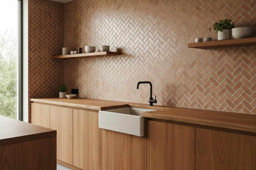 Herringbone subway tile kitchen backsplash in gradient terracotta tones