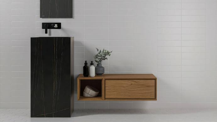 White horizontal subway tile bathroom wall with black vanity