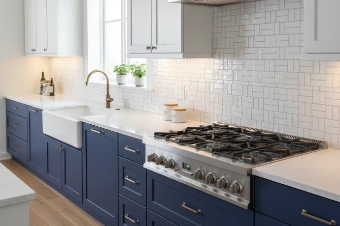Bright kitchen with dark blue and white cabinets, featuring a white subway tile backsplash in a basketweave arrangement.