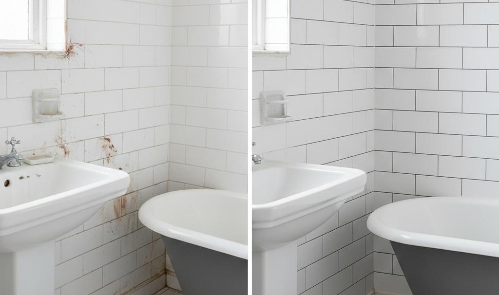 Comparison of white versus gray grout on subway tile showing maintenance differences
