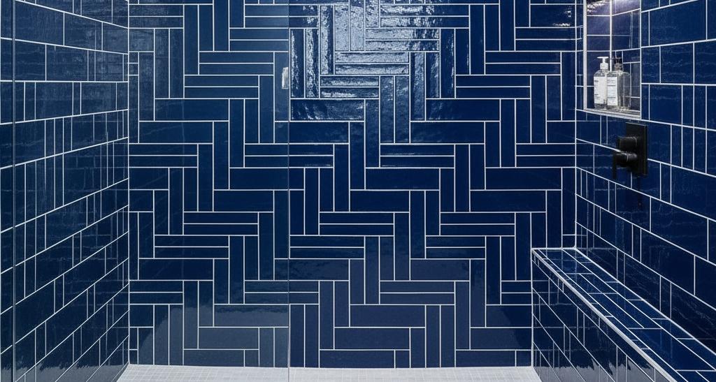 Dark blue glossy subway tiles with white grout, installed in a complex herringbone pattern in a modern shower enclosure.