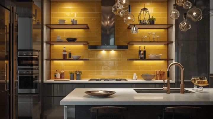 A modern kitchen with a glossy yellow subway tiles as statement elements in streamlined kitchens backsplash, open wood shelving, and dark grey cabinets.